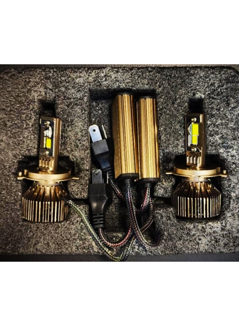 LED bulb Socket Size H4 300 watts Original per pair for car for strong lights.  Power : 150w / Bulb  Lumen : 12500 LM / Bulb  Voltage :9-30V  Life Span > 50000 Hours  Color Temperature : 6000K  Temperature Control System : Yes - Image 1
